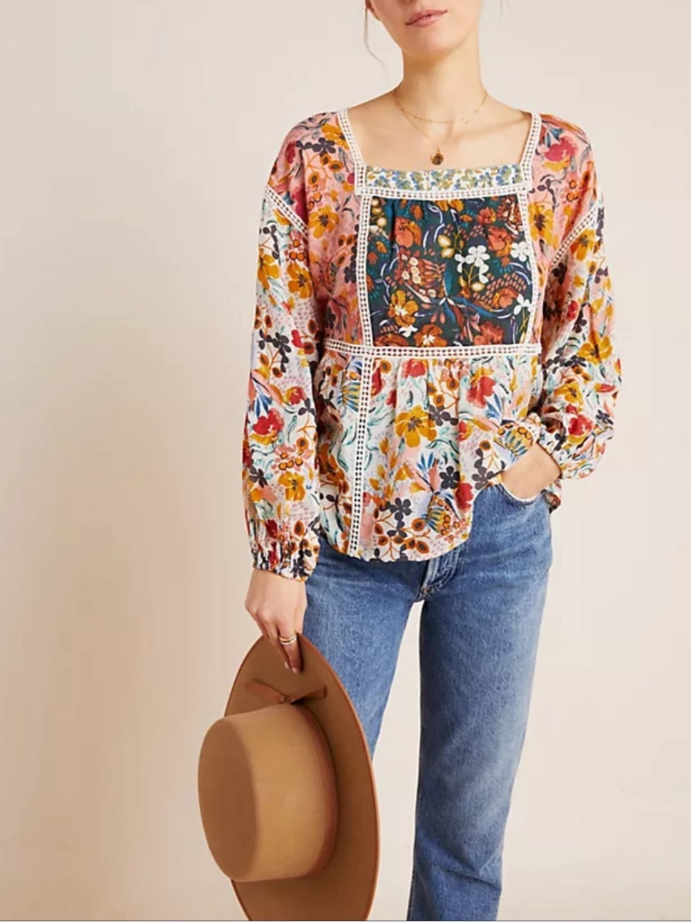 Anthropologie Multi Floral Patchwork Square-Neck Blouse